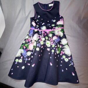 Baker by Ted Baker Girls Navy Floral Print Dress Pink Bow Sz 10 Yrs